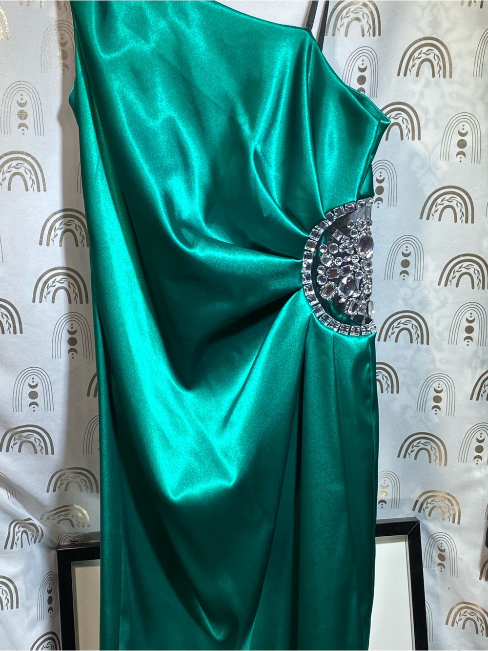 Adam One-Shoulder Teal Satin Dress with Rhinestone Waist Detail - Picture 3 of 12